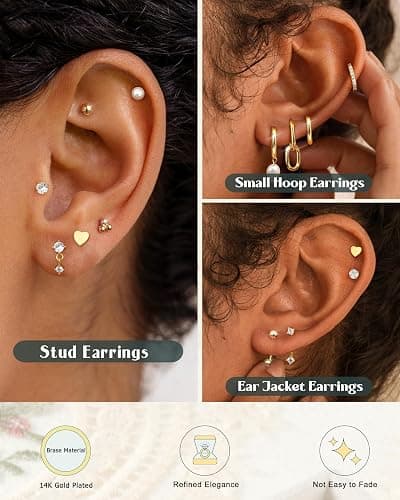Hypoallergenic Gold Stud Hoop Earrings for Women Lightweight Small 14K Gold Plated Chunky Huggie Hoops Surgical Stainless Steel Stud Earring Dainty Cartilage Earrings Stacks for Women Jewelry Gifts thumbnail 2