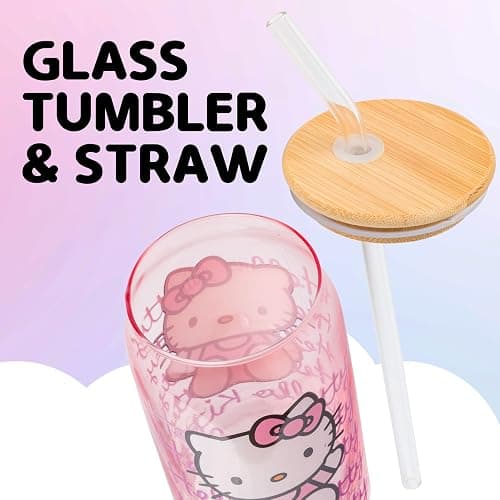 Silver Buffalo Sanrio Hello Kitty Waving Pink Glass Jar Tumbler with Bamboo Lid and Glass Straw, 16 Ounces - Hello Kitty Waving - 16oz thumbnail 5