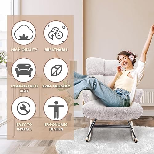 SAETSFEG Rocking Chair Nursery Teddy Upholstered Glider Rocker Rocking Accent Chair Padded Seat with High Backrest Armchair Comfy Side Chair for Living Room Bedroom Offices (Grey Teddy) thumbnail 3