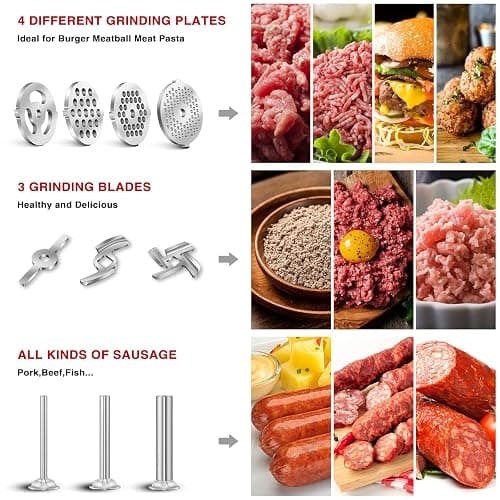 Meat Grinder Attachment for Kitchen Aid Stand Mixer, Burger Press | Food Accessories Included 4 Grinding Plates, 3 Sausage Stuffer Tubes, 2 Grinding Blades, Cleaning Brush thumbnail 2