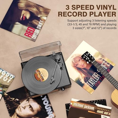 Record Player for Vinyl with 2 Build-in Speakers LP Vinyl Players Belt-Driven Vintage Turntables 3 Speed 3 Size, Wireless Bluetooth Playback, AUX-in, RCA Out, Headphone, Auto Stop thumbnail 5