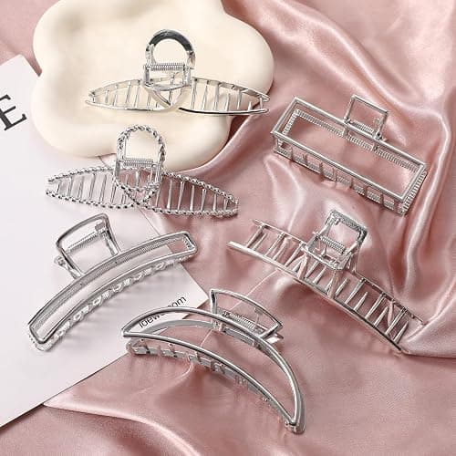 LUKACY 6 Pack Large Metal Hair Claw Clips - 4 Inch, Perfect Big silver claw clips hair clips for Women and Thinner, Thick hair styling,Strong Hold, Fashion Hair Accessories (Style 1 Silver) thumbnail 7