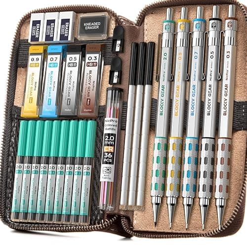 Nicpro Blocky Gear Metal Mechanical Pencil Set in Leather Case, 29PCS Art Drafting Pencils 0.3, 0.5, 0.7, 0.9&2mm Lead Pencil with 330PCS Lead (HB 2H 4H 2B 4B 6B Color) For Writing Sketching Drawing - Image 1