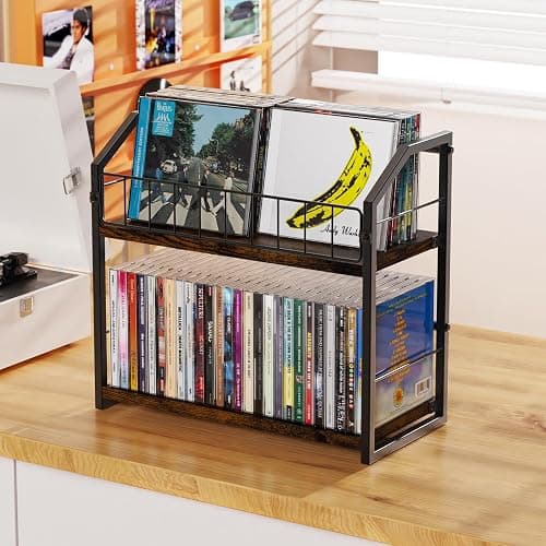 PAPAGIFTREE 2-Tier CD Holder, CD Storage Shelf for Display, CD Organizer with Dispay Top Shelf, Premium CD Rack for Home & Office, Holds Up to 60 Standard, Ideal for Music Enthusiasts (Brown) thumbnail 2
