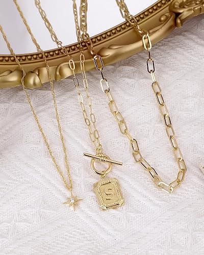 MJartoria Layered Initial Necklaces for Women Trendy, 14K Gold Plated Brass Simple Star Choker Square Letter Pendant Necklace, Paperclip Chain Necklaces Jewelry Gifts thumbnail 4