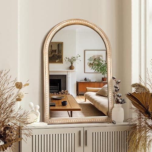 AMOISE Arched Vanity Wall Mirror 36 x 24 Inch Beaded Wood Frame Boho Farmhouse Decorative Mirror for Bathroom Bedroom Entryway Living Room thumbnail 5