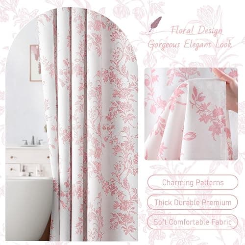 XOGUIBO Pink Floral Shower Curtain,Vintage Cotton Cottagecore Shower Curtains for Bathroom, 72" W x 72" L thumbnail 2