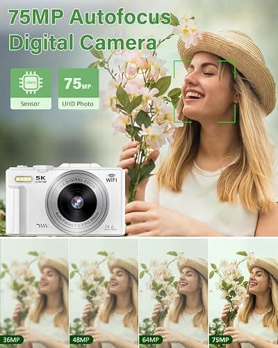 5K Digital Camera for Photography, 75MP WiFi Vlogging Camera for YouTube with 3" 180° Flip Screen, 18X Zoom UHD Autofocus Video Camara with 32GB SD Card thumbnail 2