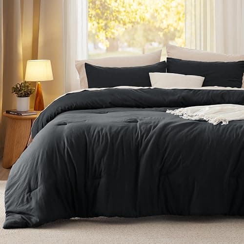Bedsure Queen Size Comforter Set, Black Soft Prewashed Bedding for All Seasons, 3 Pieces GentleSoft™ Warm Down Alternative Bed Set, 1 Lightweight Comforter (90"x90") and 2 Pillowcases (20"x26") thumbnail 2