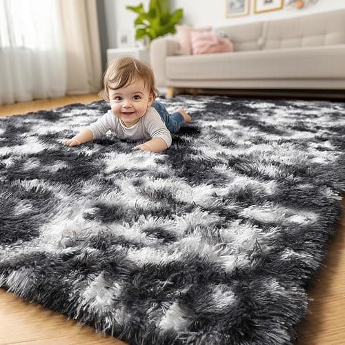 Amdrebio Black White Grey Rugs for Living Room Bedroom, 8x10 Large Fluffy Shaggy Furry Area Rug for Kids Room Dorm Home Office Apartment, Fuzzy Shag Plush Floor Modern Cool Carpet for Men Teen Boys thumbnail 8