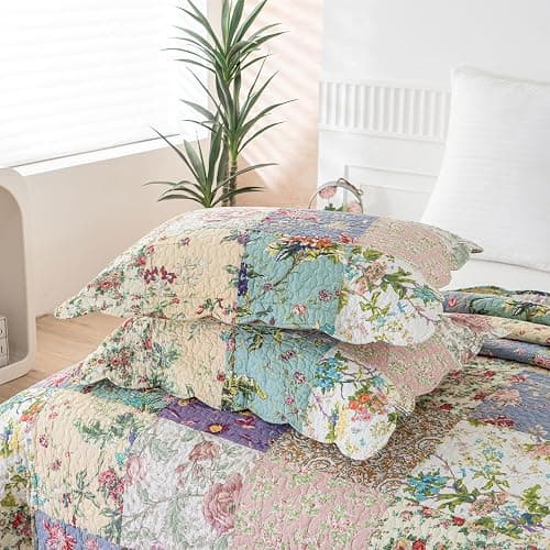 YAYIDAY Quilts Queen Size Patchwork Bedspread Set | 100% Cotton Reversible Breathable Floral Quilted Quilt with Pillow Shams Fit All Season thumbnail 4