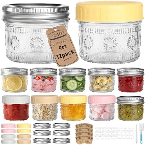 CycleMore 4oz Sunflower Glass Jars 12-Pack with 2 Types of Airtight Lids | Canning Jars With 12 Metal Split + 12 Colorful Plastic Lids. For Jams, Wedding Favors, DIY gifts. Dishwasher Safe BPA-Free - Image 1