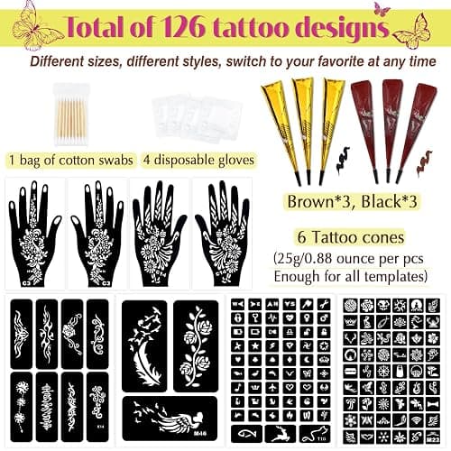 MuseLuxe 126 PCS Temporary Tattoos Stencils Kit,Temporary Tattoos Kit - 6 Pcs 2 Color(Brown Black) Ink with Gloves,DIY Body Art Painting for Women Men Adults Kids thumbnail 2