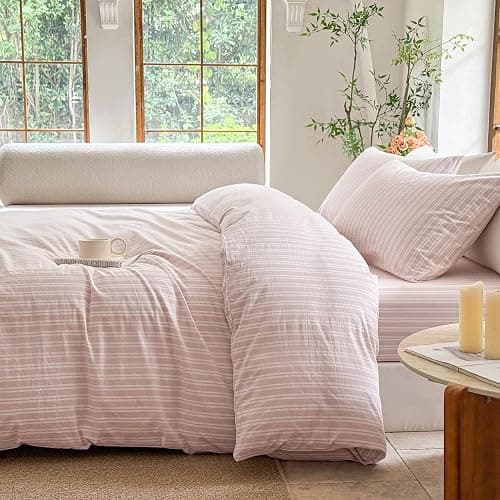 BESTDESIL Striped Duvet Cover Set,100% Washed Cotton Linen Like Comforter Cover,Breathable,Durable,Comfy(Strip-Greyish Pink/White,Queen Size) thumbnail 4