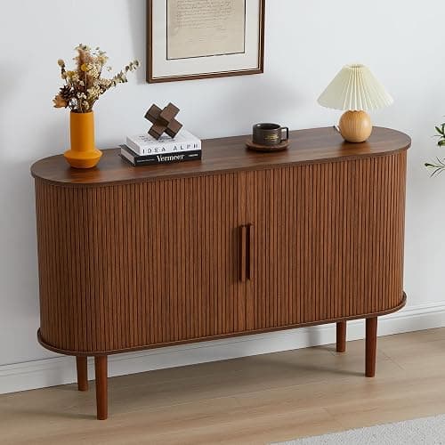 XUZENEST 53''Sideboard Buffer Cabinet with Fluted Slide Doors, Modern Credenza Storage Cabinet, Tambour Bar Console Table for Living Dining Room Kitchen Hallway Entryway, Walnut thumbnail 3