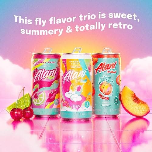 Alani Nu RETRO VARIETY PACK (Sherbet Swirl, Juicy Peach and Cherry Twist), Low Calorie Energy Drinks, 100mg Caffeine, Biotin, B Vitamins, Zero Sugar, 10 Calories or Less, 8 Fl Oz Cans, 12 Pack thumbnail 3