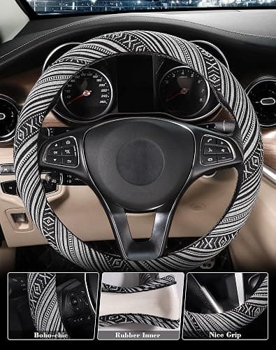 SEG Direct Boho Steering Wheel Cover with Baja Blanket Cloth, Ethnic Style Auto Wheel Cover Made of Coarse Flax, Fits 14 1/2-15 1/4 inches Car Wheel thumbnail 3