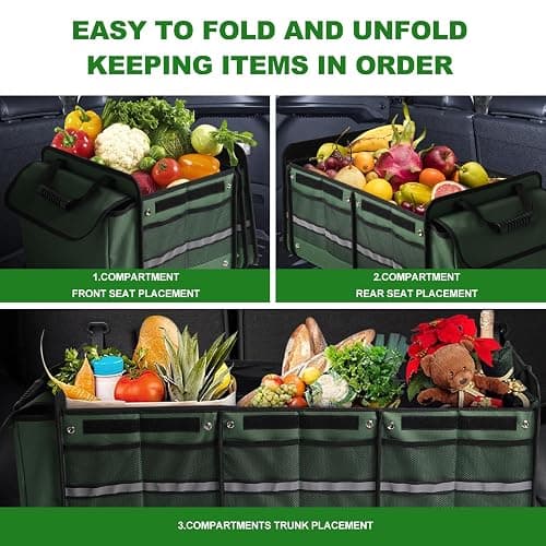 Snuopfy Car Trunk Organizer,115L Heavy Duty Collapsible Trunk Storage | Insulated Leakproof Cooler Bag with Lid, 3 Compartments,High Capacity with Straps For Car,Suv,Jeep,Sedan-Green thumbnail 5