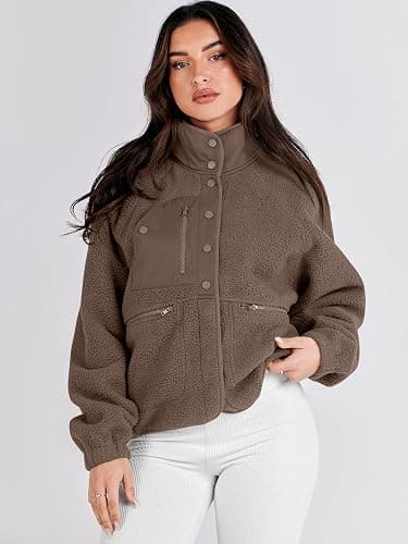 ANRABESS Womens Fuzzy Fleece Jacket Fall Casual Long Sleeve Cropped Sherpa Button Down Shacket Coats Outwear With Pockets thumbnail 4