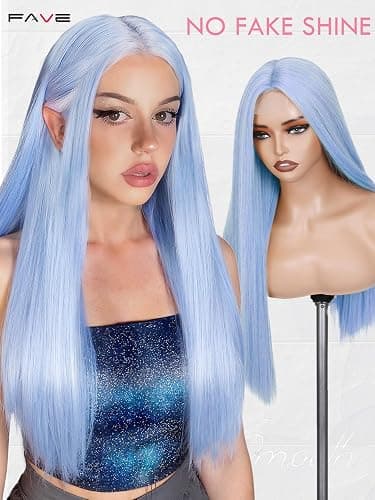 FAVE 65 cm Hellblaue Perücke Lang Glatt Heat Resist Synthetic Fasern Meerjungfrau Look Cosplay Alltag thumbnail 4
