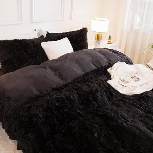 Andency Queen Comforter Set Black, Fluffy Winter Faux Fur Warm Soft Plush Bedding Comforter Set (1 Velvet Comforter & 2 Pillowcases), Fuzzy Thick Heavy Puffy Comforters Bed Set thumbnail 3