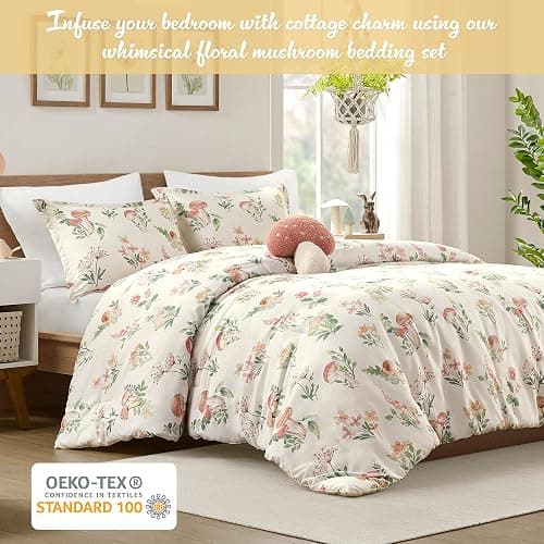 Intelligent Design Queen Comforter Set, Whimsical Floral & Mushroom Cottage Design, Microfiber Lightweight All Seasons Down Alternative Bedding, Sham & Décor Pillow, Gwen, Full/Queen Green 4 Piece thumbnail 2