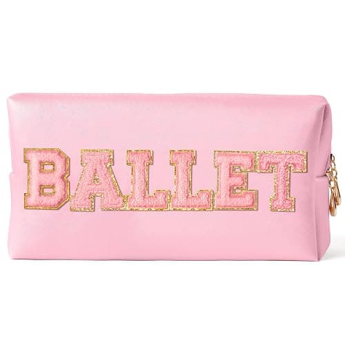 Y1tvei Ballet Cosmetic Bag for Girls - Preppy Patch BALLET Pink Chenille Letter Makeup Bag PU Leather Waterproof Portable Ballerina Makeup Pouch Dance Recital Travel Toiletry for Girl Dancer(Pink) - Image 1