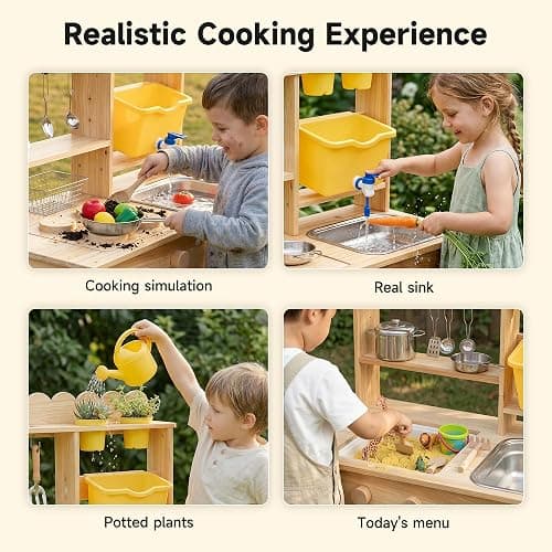 Wooden Mud Kitchen for Kids with Working Faucet and Removable Sink | Outdoor Play Kitchen Set with 10 Accessories, Stainless Steel Cookware & Planter Pots, Kids Play Kitchen for Ages 3+ thumbnail 5