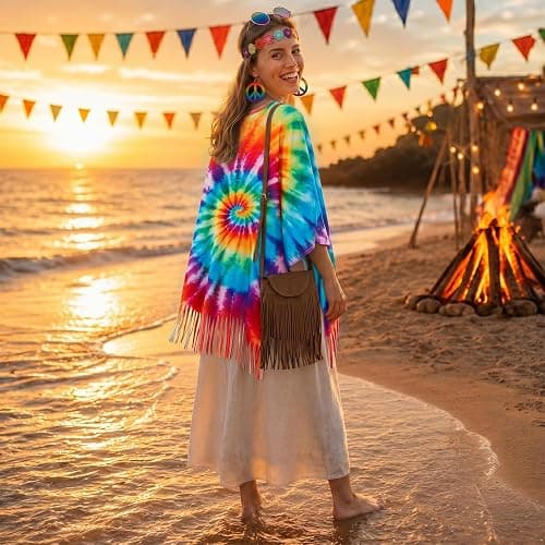 APHBPT 6PCS Hippie Costume for Women - 60s 70s Outfits Tie Dye Poncho with Accessories Set, Hippy Clothes for Halloween thumbnail 4