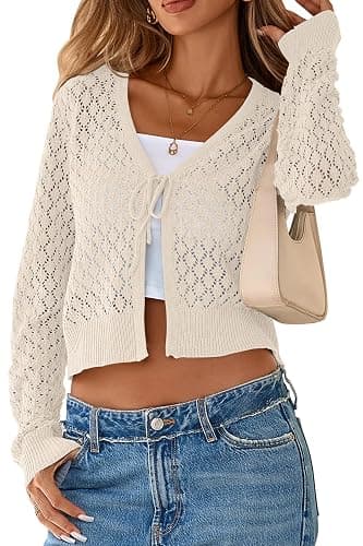 SimpleFun Womens Crochet Cardigan Casucal Tie Front Shrugs Sweaters Long Sleeve Knit Cropped Cardigans Tops - Image 1