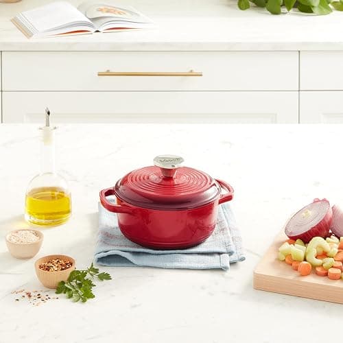 Lodge 1.5 Quart Enameled Cast Iron Dutch Oven with Lid – Dual Handles – Oven Safe up to 500° F or on Stovetop - Use to Marinate, Cook, Bake, Refrigerate and Serve – Red thumbnail 7