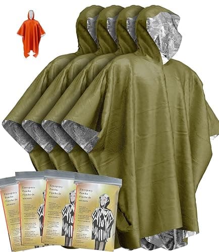 Kanuothbon Emergency Survival Poncho (4pc) Thermal Mylar Foil Coating Blanket for Heat Retention and Rain | Reversible with Hood | Waterproof, Windproof, Portable - Image 1