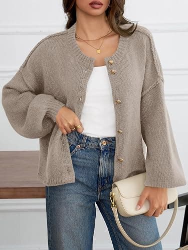 Saodimallsu Womens Oversized Cardigans Button Up Long Lantern Sleeve Chunky Knit Casual Soft Fall Sweater Coats thumbnail 2