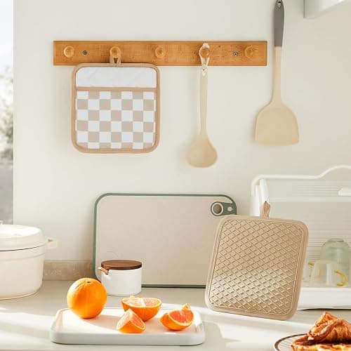 Ohocut Beige Checkered Pot Holder, Checkerboard Potholders for Kitchen, Silicone Pot Holders with Pocket for Kitchen Clearance 2 Pack Set, Hot Pads and Oven Mitts for Cooking Baking thumbnail 4