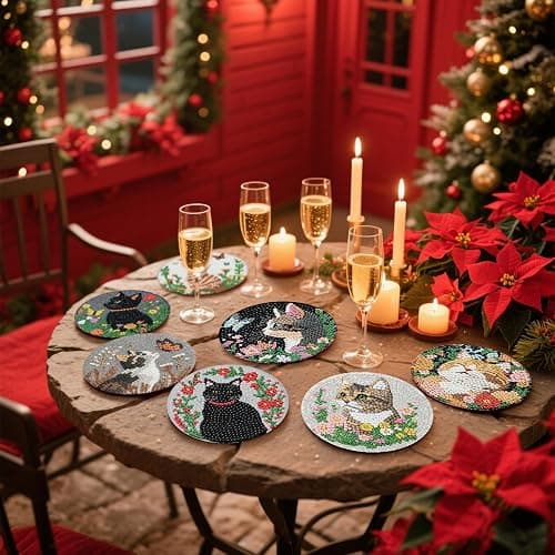 KYOQFVN 8 Pcs Cat Diamond Art Coasters Kit for Adults Beginners - Diamond Painting Coasters with Holde, DIY Cat and Flowers Gem Art Dots Paintings for Home Decor thumbnail 3