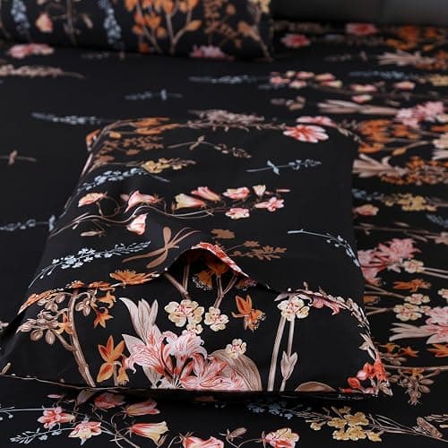 MAG 3pcs Black Floral Queen Bed Sheet,Microfiber Flower Bedding Sheet Set,Boho Bedding Sheet Set with 1 Fitted Sheet and 2 Pillowcases,14 Inches Deep (Black, Queen) thumbnail 7