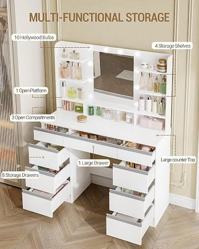 Hzuaneri Dressing Table with Bulb Light, Vanity Desk with 1 Large Drawer and 8 Small Drawer Cabinets, Adjustable Brightness, Large HD Mirror, 9 Open Storage Areas, White DT35703W thumbnail 5