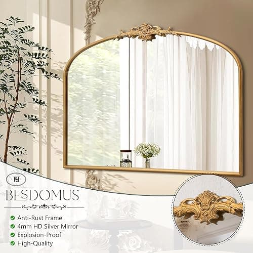 Besdomus Antique Arched Gold Mirror: 40"x30" Large Gleaming Gold Vintage Wall Mounted Mirror - Baroque Traditional Ornate for Fireplace/Bathroom/Living Room - Home Decor for Homemakers thumbnail 7