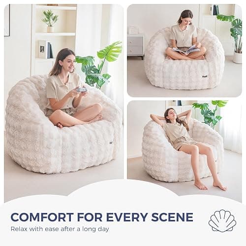 MAXYOYO Giant Bean Bag Chair for Adults, Stuffed Shell-Shaped Large Bean Bag Couch, Cozy Living Room Chair with Filler, Floor Sofa Lazy Sofa for Bedroom Living Room, Beige thumbnail 4