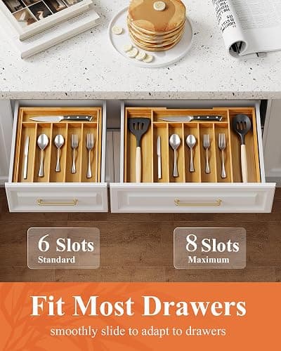Kitsure Large Bamboo Silverware Organizer - Expandable Drawer Organizer for Utensil, Cutlery and Flatware, Kitchen Storage Solution with 6 to 8 Slots, Natural, 19.4" × 13.1" × 1.8" thumbnail 6