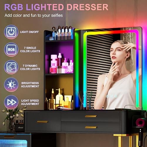 HNEBC Vanitys with HD Glass Display Table, Makeup Desk with Lighted Mirror and Charging Station, Dressing Table with RGB Lights,Jewelry Organizer,Cabinet,6Drawers,Chair for Women/Girls (Black) thumbnail 7
