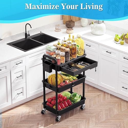 SUNALLY 3 Tier Rolling Cart with Drawer, Craft Storage Cart Organizer,Black | Bathroom Storage Organizer with 2 Lockable Wheels, Rolling Utility Cart for Kitchen, Office, Baby, Makeup, Nail,Snack,Laundry thumbnail 2