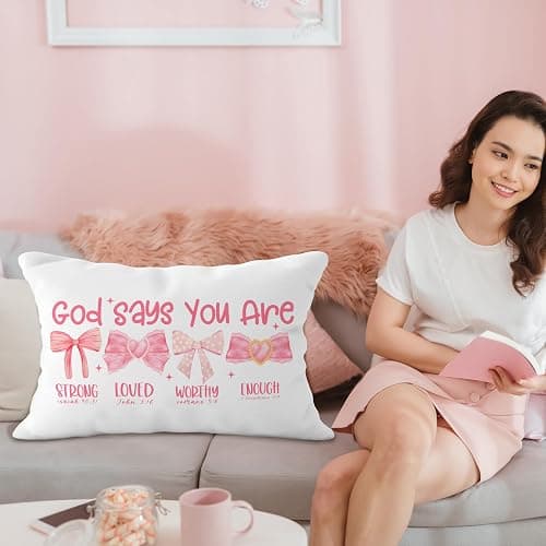 YeiHe Pink Bow Coquette Christian Pillow Covers 12x20, Pink Coquette Room Decor, Girly Bedroom Decor, God Says You are Affirmation Bible Verse Pillow Covers, Christian Gifts for Women Teen Girls thumbnail 5