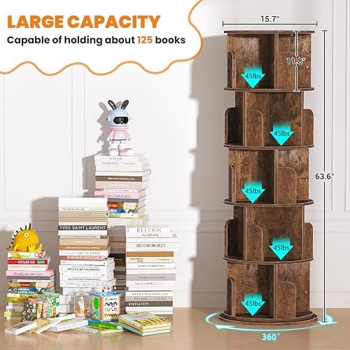 Besiost Rotating Bookshelf Tower, 5 Tier Spinning Bookcase, Revolving 360 Book Shelf Narrow Tall Bookcase, Vertical Turning Round Bookshelf Organizer, Corner Book Shelf for Small Space, Rustic Brown thumbnail 3