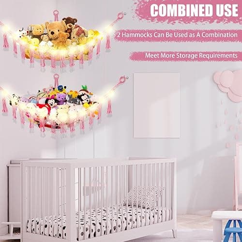 CERETIA Stuffed Animal Hammock with LED Light, Large Stuffed Animals Storage Corner Plushie Net for Kids Room Decor, 2 Packs Pink thumbnail 8