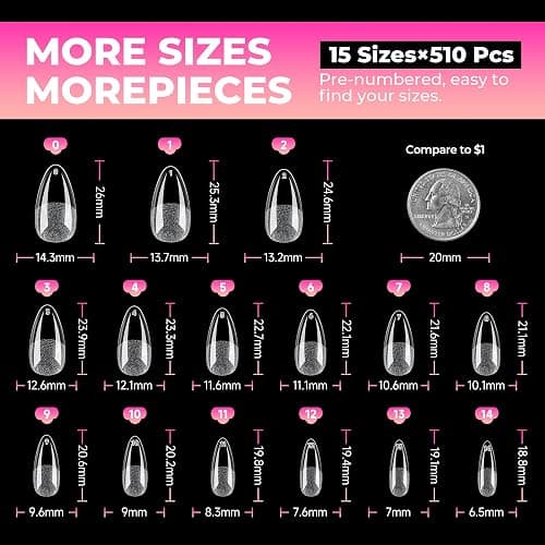 UNA GELLA 510Pcs Almond Gel Nail Tips 15 Sizes Pre-Etched Full Cover | Almond Clear Press on Nails Acrylic False No C Curve Nail Tips for Press on Nail Extensions Home DIY Salon thumbnail 9