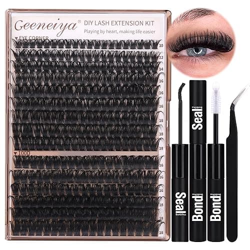 Geeneiya Volume Lash Clusters Kit DIY Lash Extension Kit D Eyelash Extensions with Lash Bond and Seal Tweezers,10-14mm Eye Corner Eyelashes and 16-18MM Cluster Lashes 300Pcs - KIT-80D