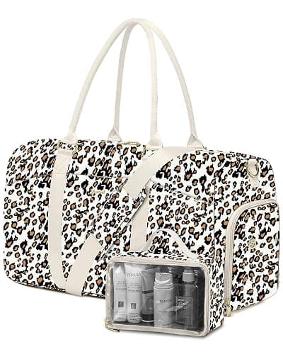 Women Duffle Weekender Travel Bag: Large Duffel Bags with Shoe Compartment Carry On Overnight Tote Bag with Wet Pocket Toiletry Bag Traveling Weekend Gym Yoga Hospital Bags for Womens Leopard - Image 1