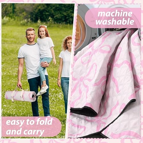 SmoothNovelty Pink Bow Picnic Blanket 80'' x 80'' Waterproof Extra Large Camping Blanket Coquette Picnic Mat Foldable Portable Preppy Outdoor Beach Mat with Carry Strap for Outdoor Grass Lawn Park thumbnail 6