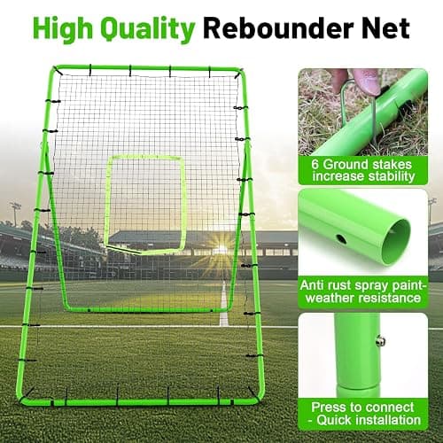 4×7ft Rebounder Net，Soccer Rebounder with Adjustable 5 Angles，6 Ground Stakes，1 Glove，Baseball Rebounder Net with Fluorescent Green Pitching Target，Net for Individual/Team Baseball Training thumbnail 4